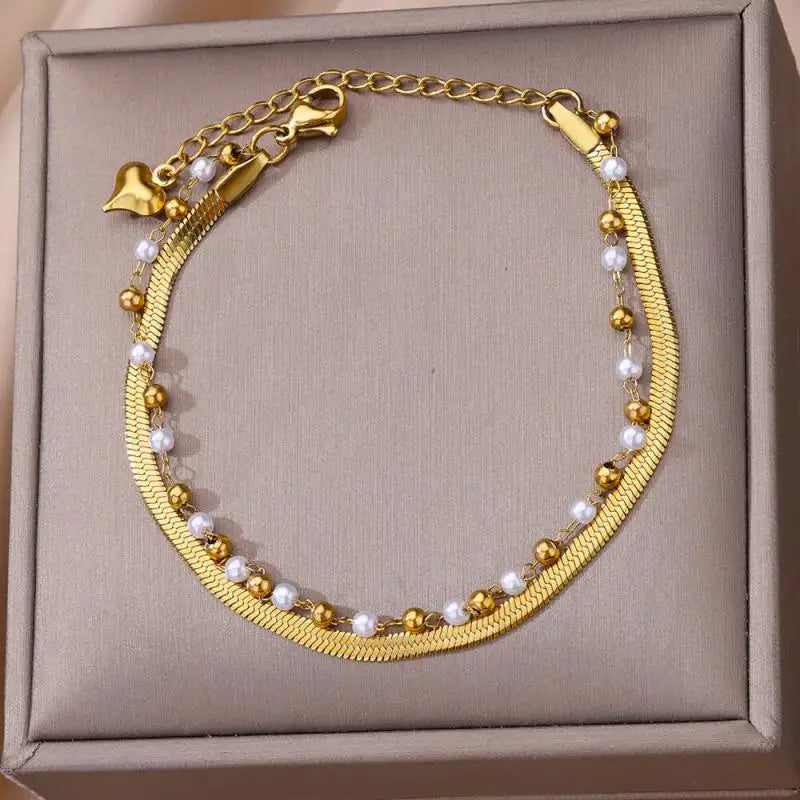 Anklets for Women Artificial Pearl Double Layer Stainless Steel Anklet Summer Beach Accessories Foot Leg Bracelets Jewelry Gifts