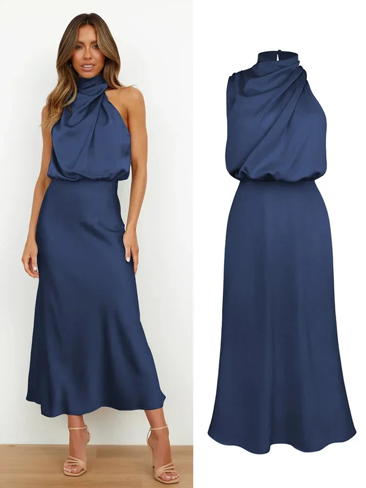 Summer Luxury Sleeveless Silk Satin Long Dress Women Elegant Off Shoulder Celebrity Evening Dress Partywear Lady Trumpet Dress