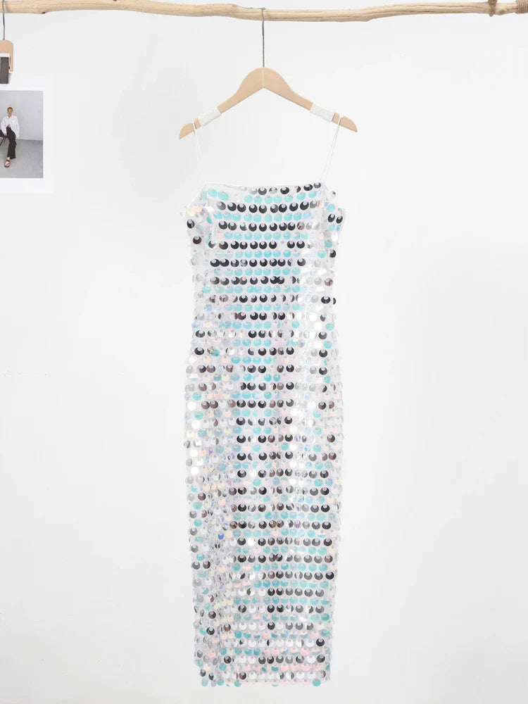 Sequined Tube Top Strap Dress Women Sexy Sleeveless Slim Solid Straight Long Vestidos Fashion Backless Slip Split Evening Robe