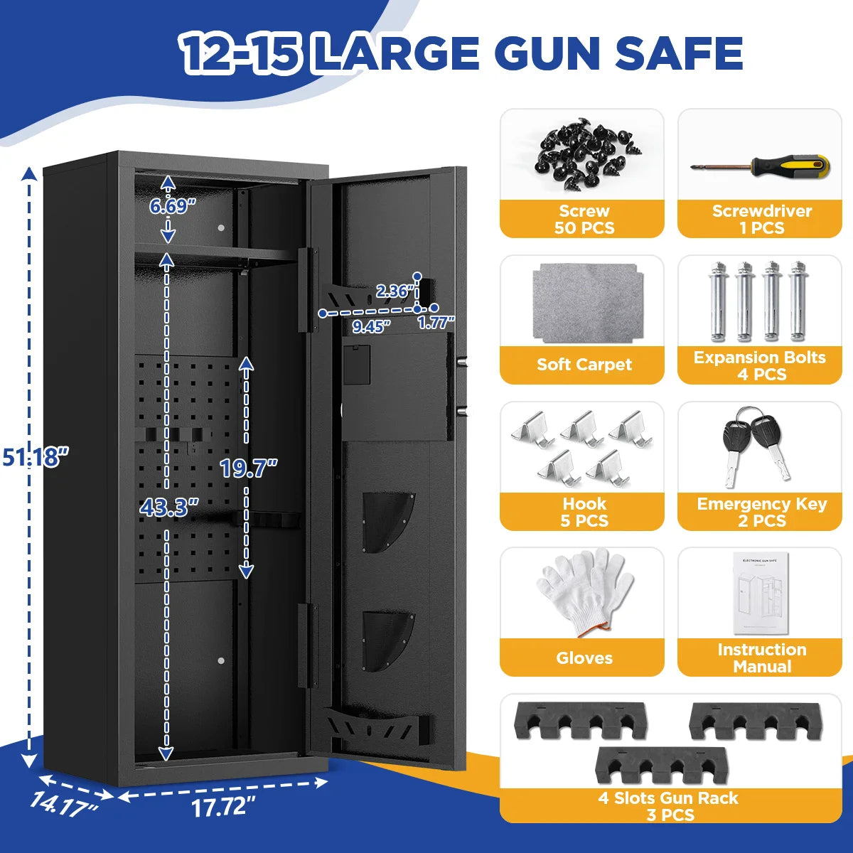 12-15 Gun Cabinet, for Home Storage, Quick Access safe with Alarm System.