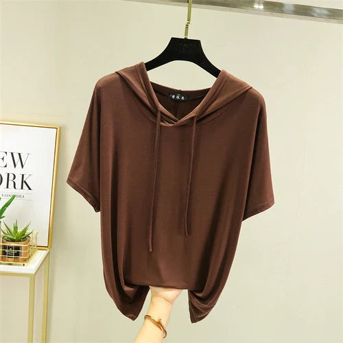 Thin T-shirts Women Hooded Fashion Loose Casual All-match Korean Style Solid Simple Y2k Aesthetic Футболка Женский Cozy Chic New
