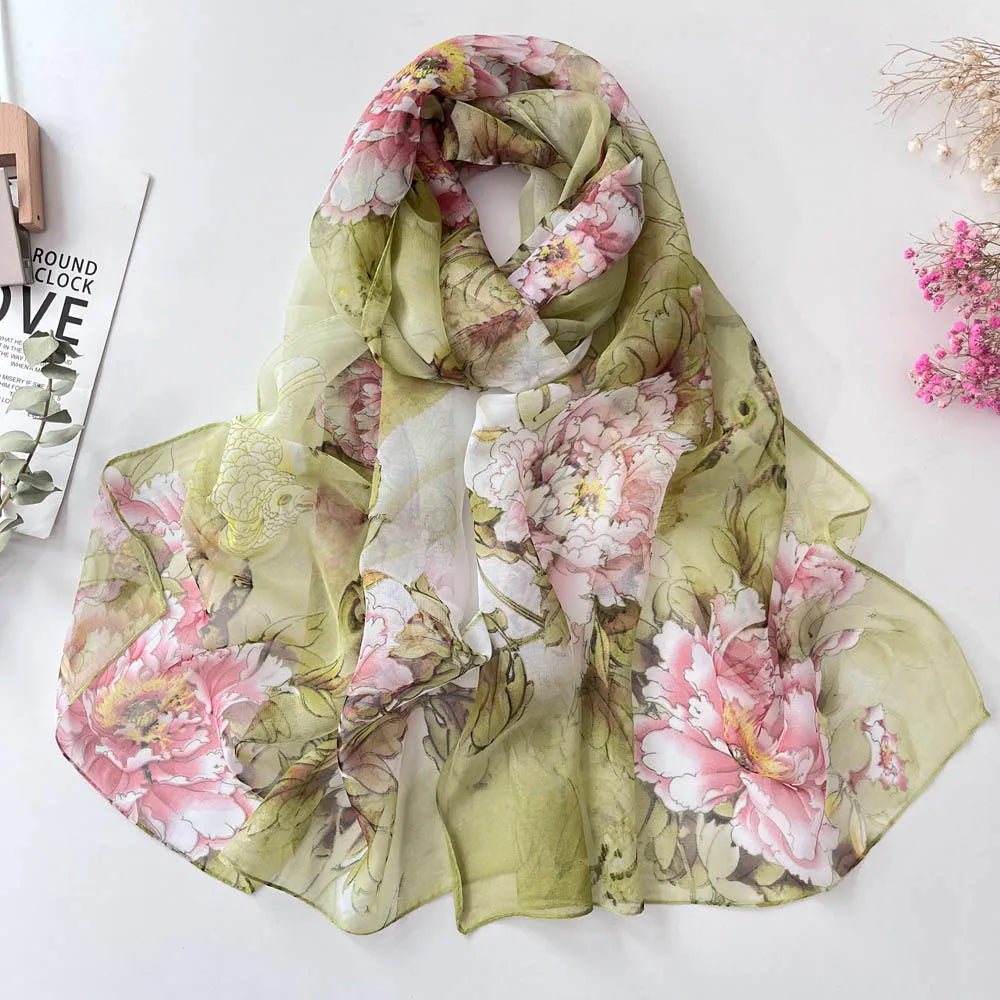 Women Fashion Chiffon Georgette Silk Scarf For Muslim Hijab Peony Flower Bandana Summber Beach Sarong Scarf&Shawl HY30