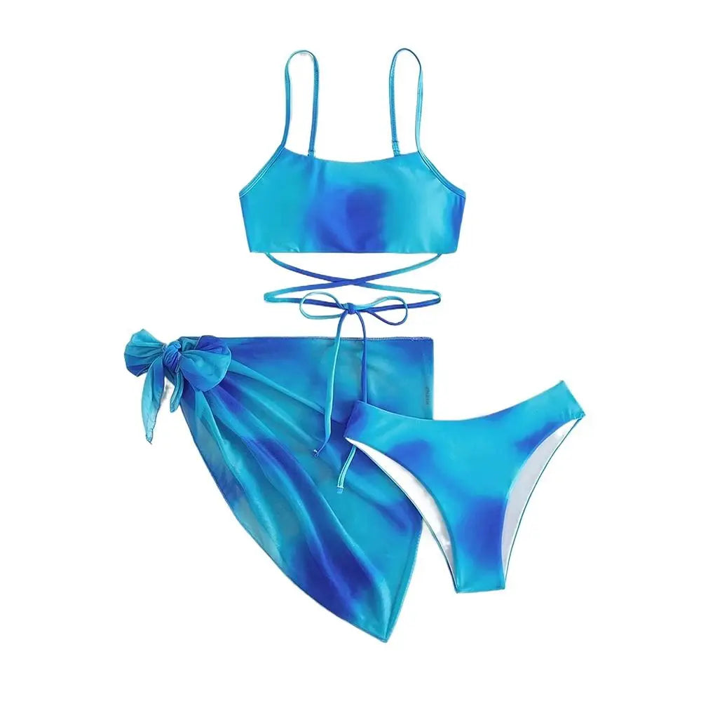 Women's 3 Piece Gradient Tie Dye Bathing Suit Lace Up High Cut Bikini with Beach Skirt