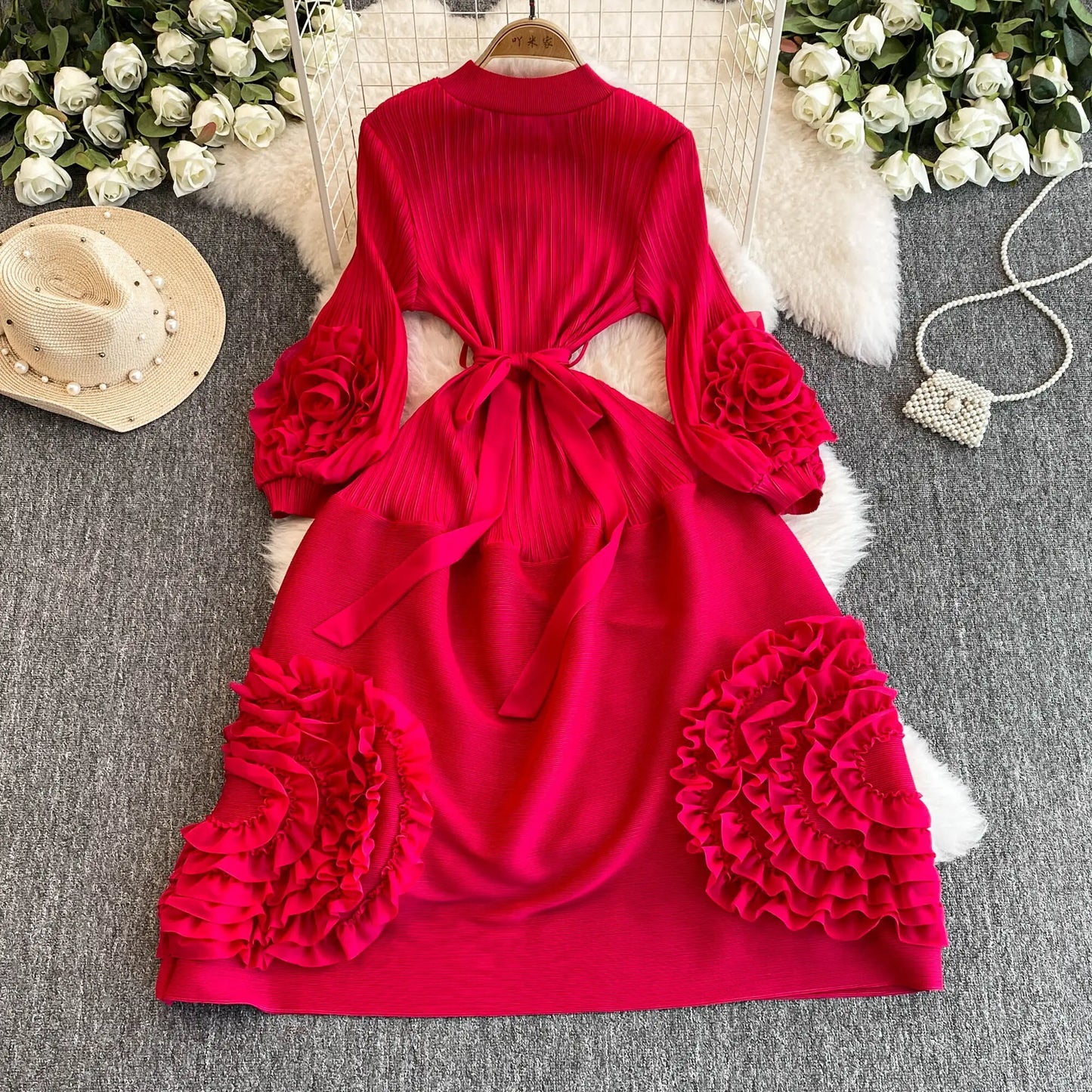 XFPV Women's Pleated Lace Elegant Temperament Lace Up Puff Sleeves High Waisted Dress Vestidos Y2k Fashion Spring Autumn 2024