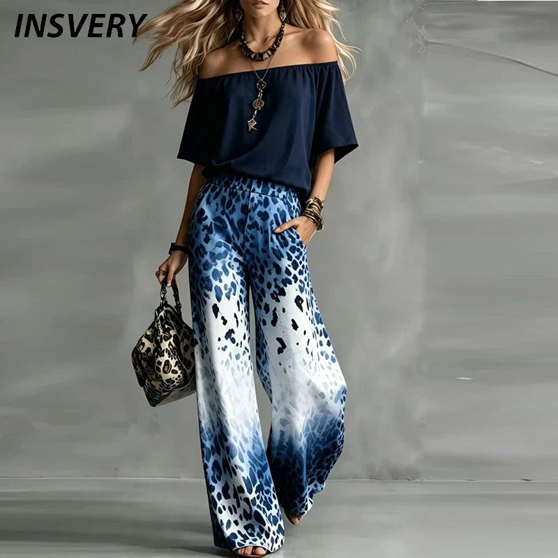 Vintage Printed One Shoulder Short Sleeve Women T-Shirts Pocket High Waist Wide Leg Pants Suit Women Casual Two Piece Set