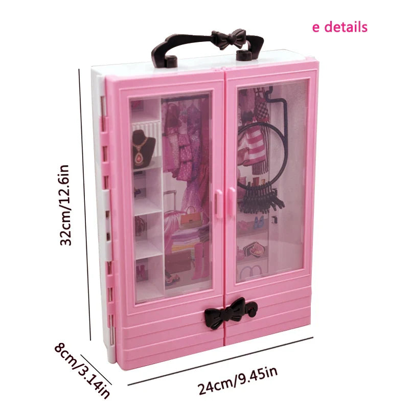 Pink Wardrobe with 10pcs Hangers Playset Doll Accessories Fashion Toys Fold-out Rack Portable Closet Birthday Christmas Gift