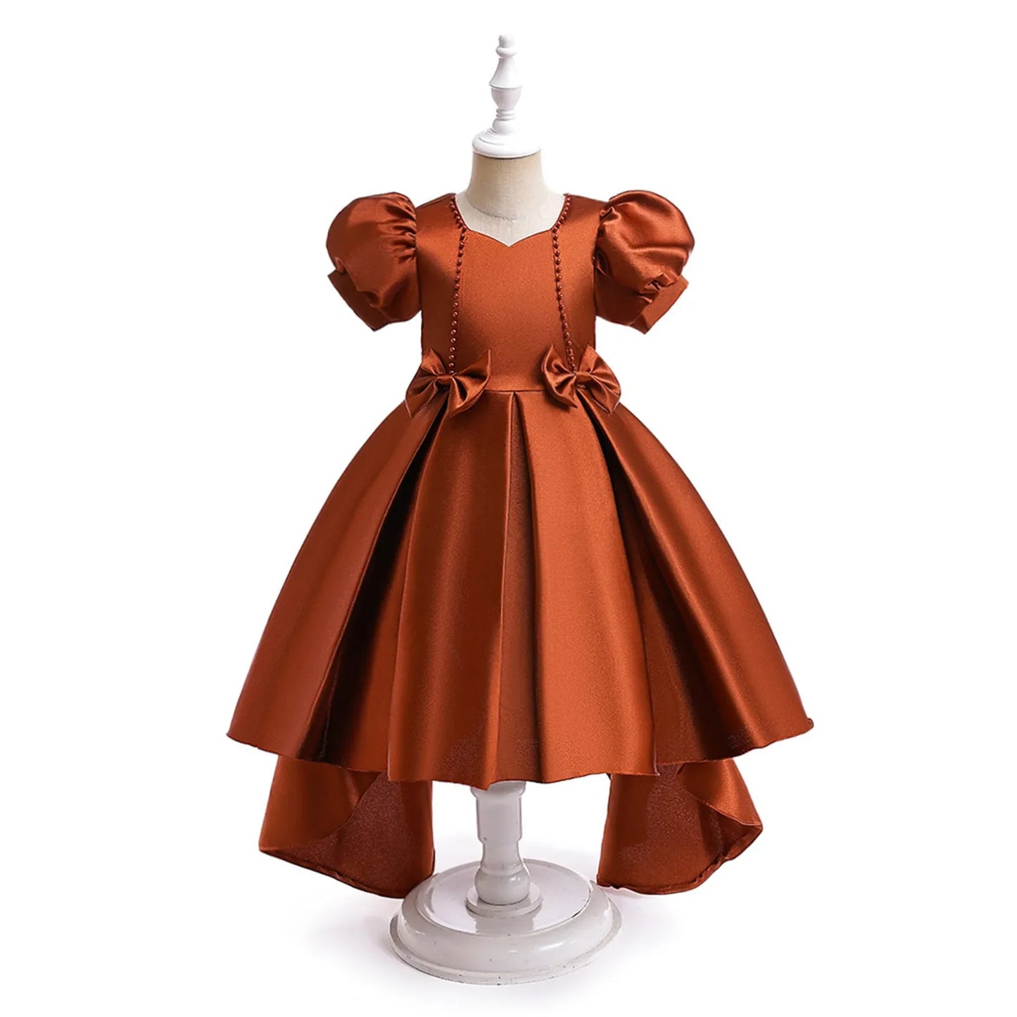 Girls Dress with Trailing Skirt Bubble Sleeves Satin Dress Piano Performance Dress Princess Dress Christmas Party Kids Clothes