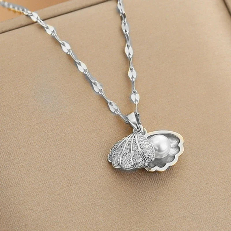 Summer Fashion Crystal Zircon Shell Imitation Pearl Pendant Necklace For Women  Collar Beach Neck Jewelry