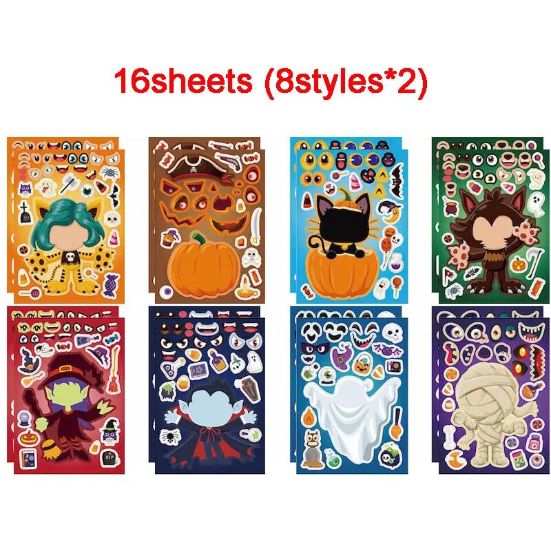 Halloween Party Favors Stickers for Kids 6-24sheets DIY Ghost Witch Mummy Make A Face Stickers Children Toddles Puzzle Jigsaw