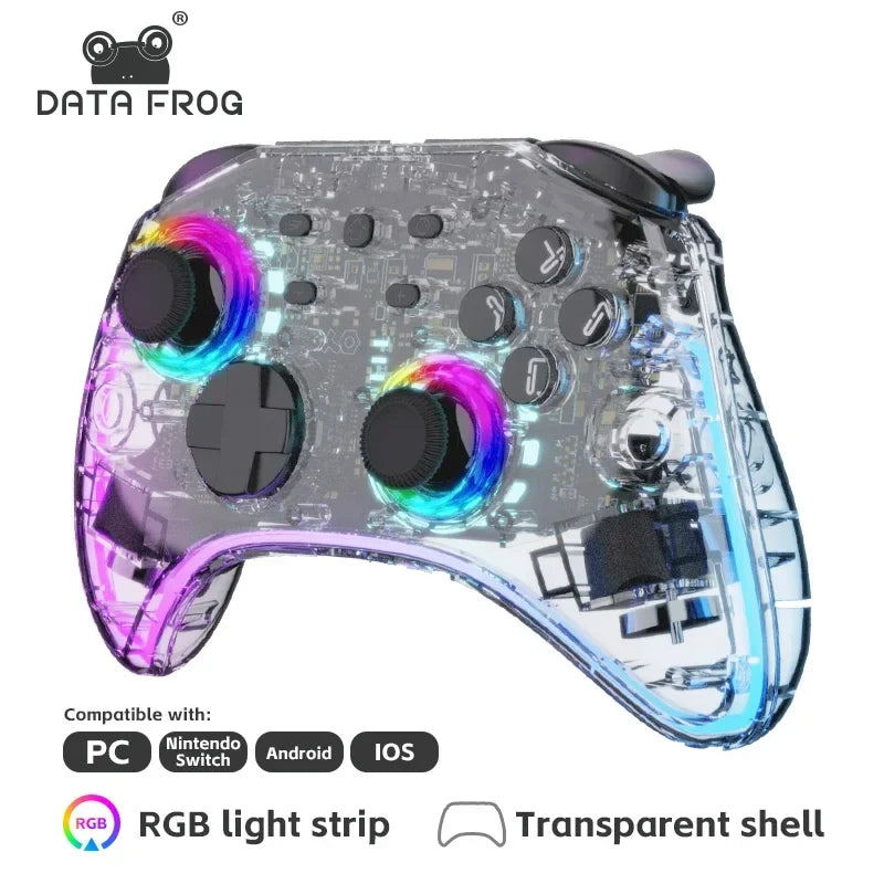 DATA FROG Transparent Wireless Gamepad RGB LED Gaming Controller With Audio Jack For Switch OLED PC Steam Deck Android Smartphon