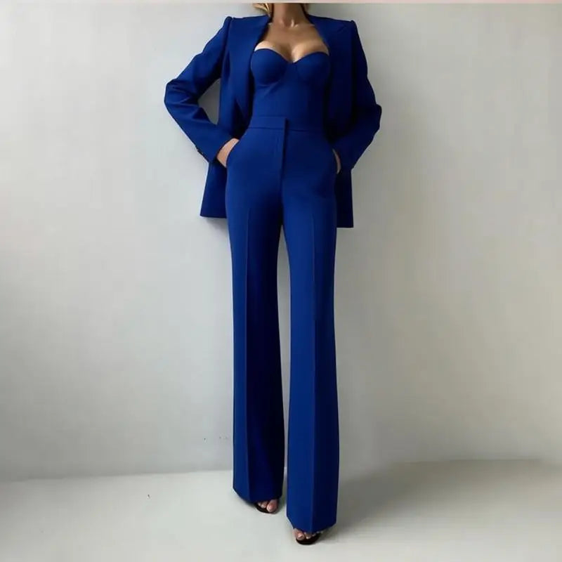 Solid Suit Jacket Corset Pants 3 Piece Set Women Corset Lapel Coat Straight Pants Lady Set 2026 Summer Autumn Commute Outfit New