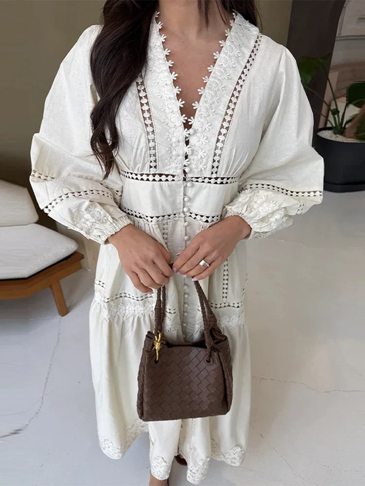 Elegant Lace Hollow Out Women's Long Dress Solid V-neck Patchwork Puff Sleeve Bodycon Dressess Female 2025 Spring New Lady Robes