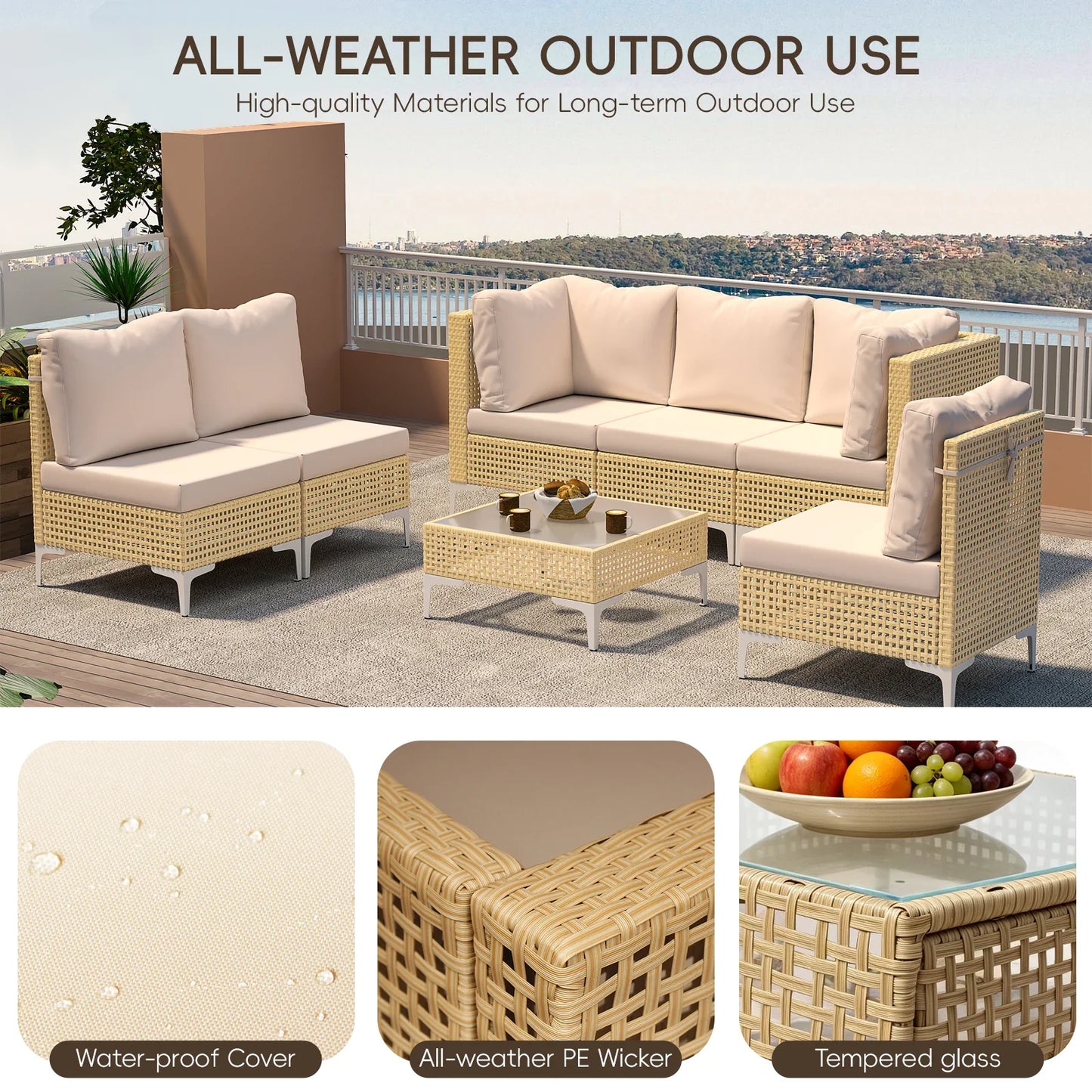 3 Piece Boho Outdoor Patio Furniture Set Sectional Comfortable Garden Sofa with Cushions Brown Wicker