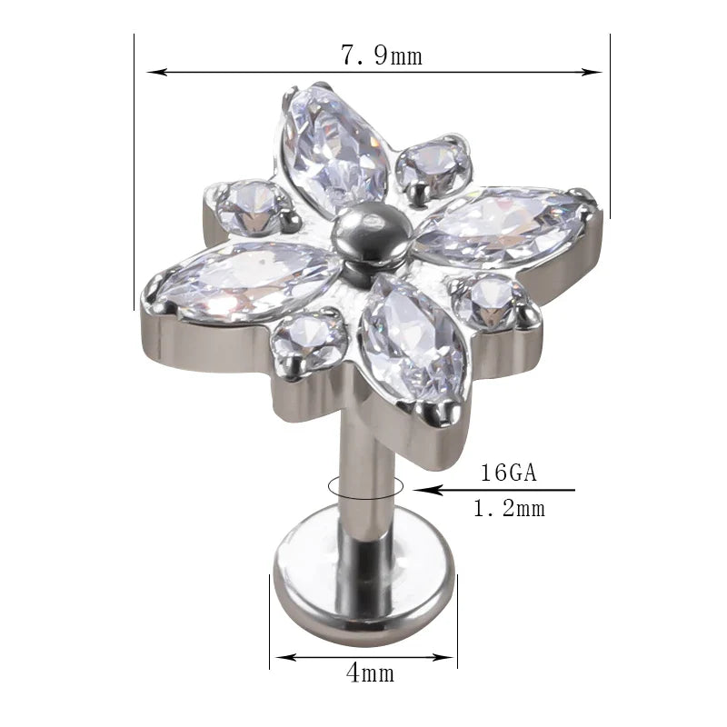 1Pc F136 Titanium Cute  5A CZ Flower Cartilage Crystal Piercing Labret Stud Piercing Jewelry Internally Threaded Ear Tragus Ring