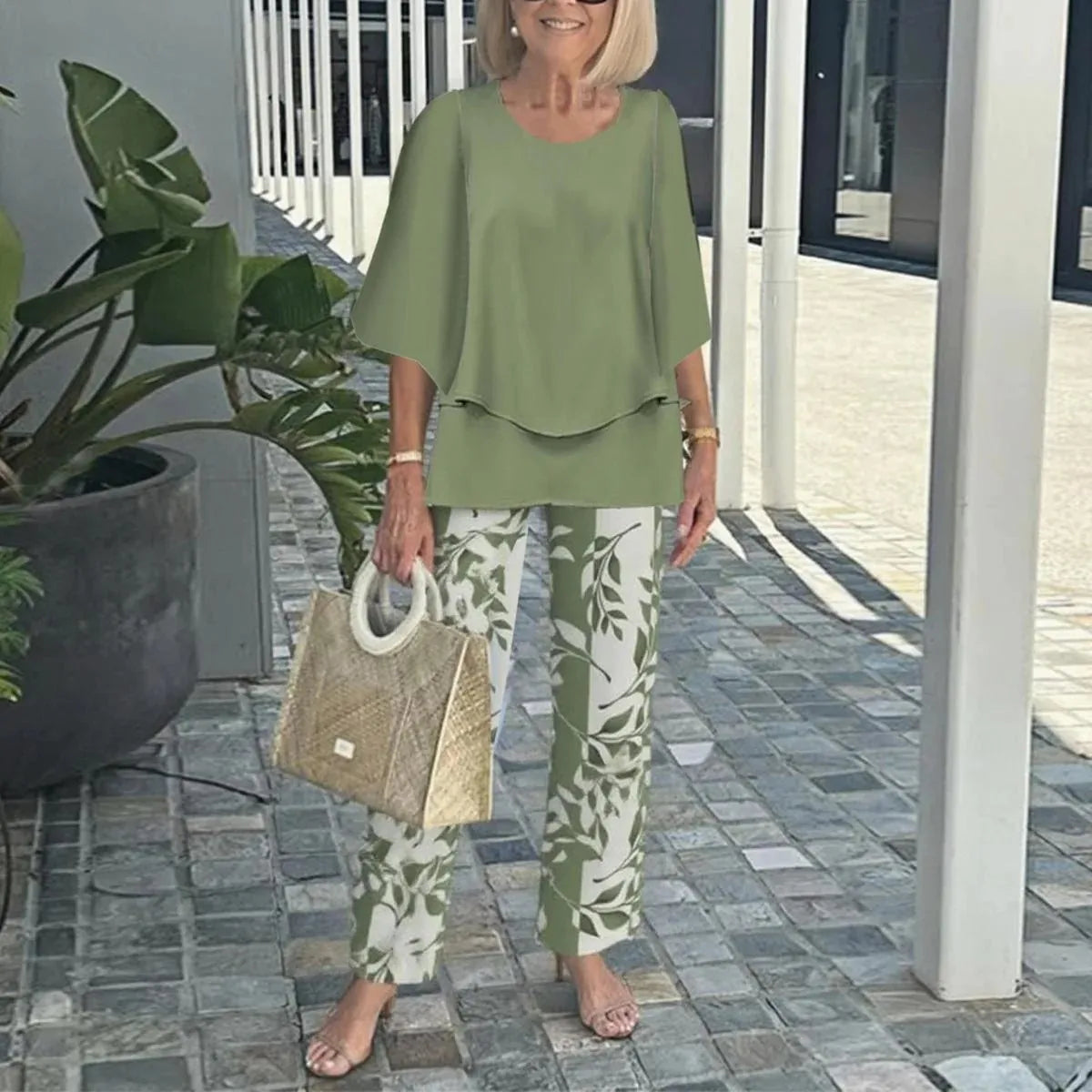 Summer Fashion New 2 piece Sets Women o-neck Sleeve print Pants Suits Casual Loose Irregular Top Wide Leg Pant two piece Set
