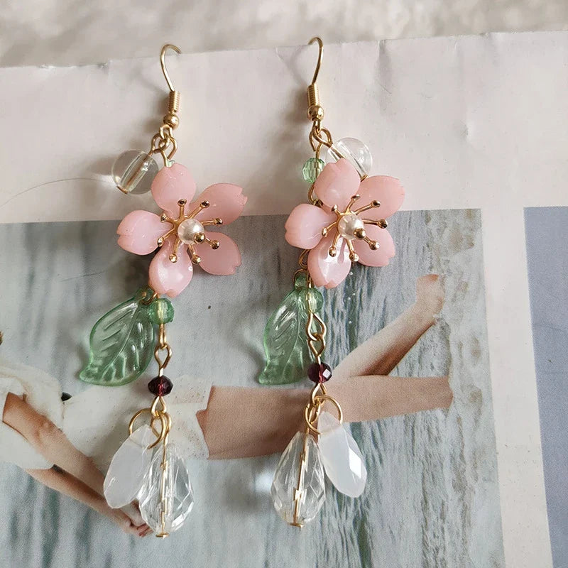 Spring Pink Flower Dangle Earrings for Women, Fairy Charms Floral Leaf Earrings Summer Holiday Pendants Earrings Jewelry Gifts