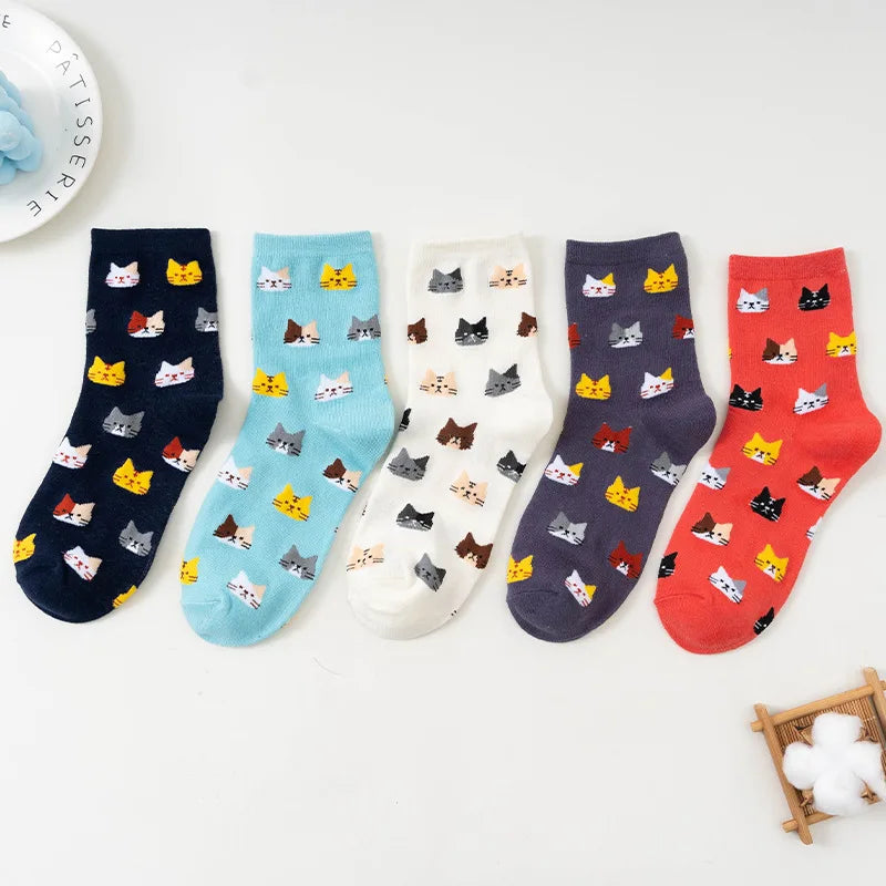 5 Pairs Women Cat Print Mid Tube Socks Fashionable Multi-Color Cartoon Patterns That Soft Comfortable Breathable Casual Socks