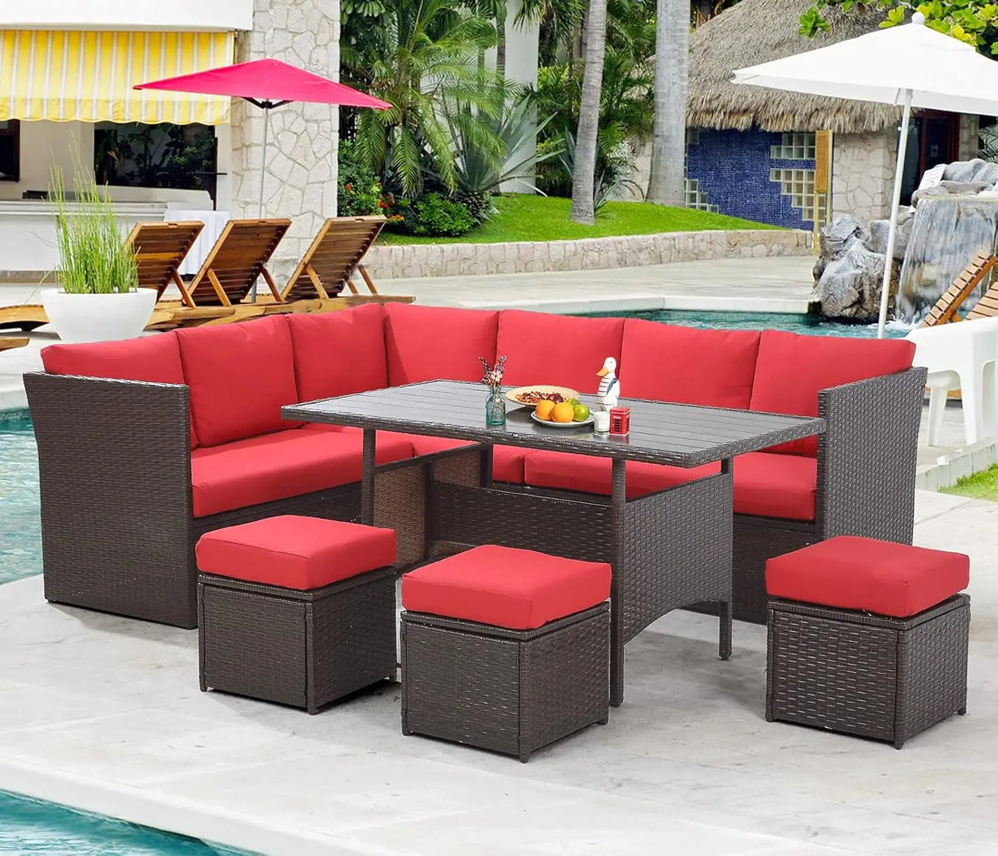 Patio Furniture Set, 7 Pieces Outdoor Patio Furniture with Dining Table&Chair, All Weather Wicker Conversation Set with Ottoman