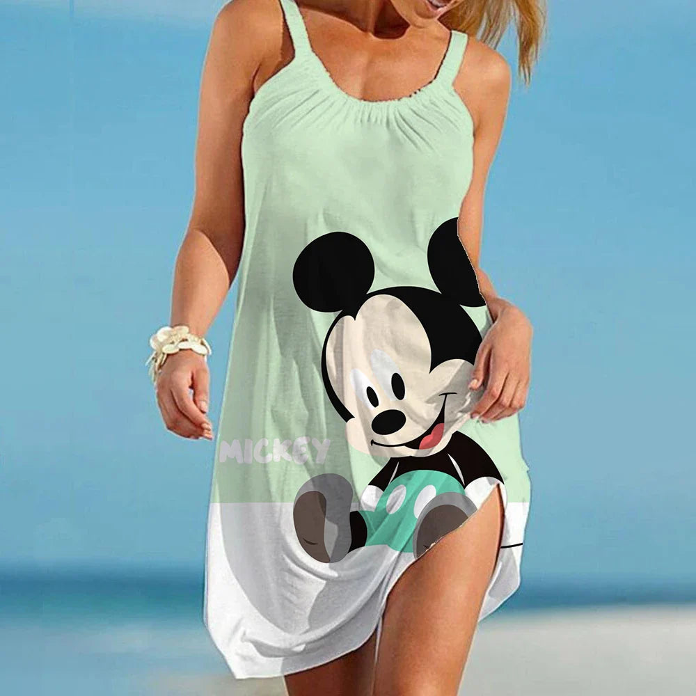 Disney - Mickey Minnie Summer 3D Print Cartoon Dresses For Women 2022 Backless Women's Beach Dress Cute Sexy Loose Sling Beach
