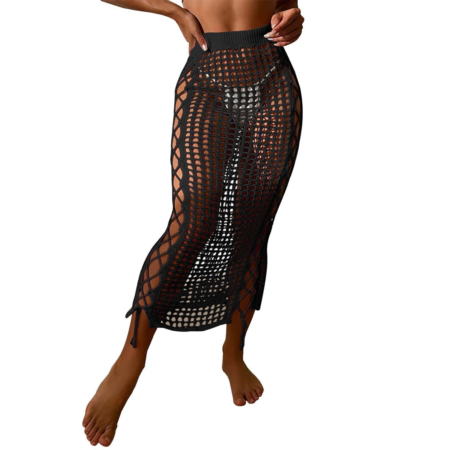 Summer Vacation Beach Cover Ups Women Crochet Knitting Skirts Sunscreen Solid Color High Waist Bodycon Hollow Out Long Skirt