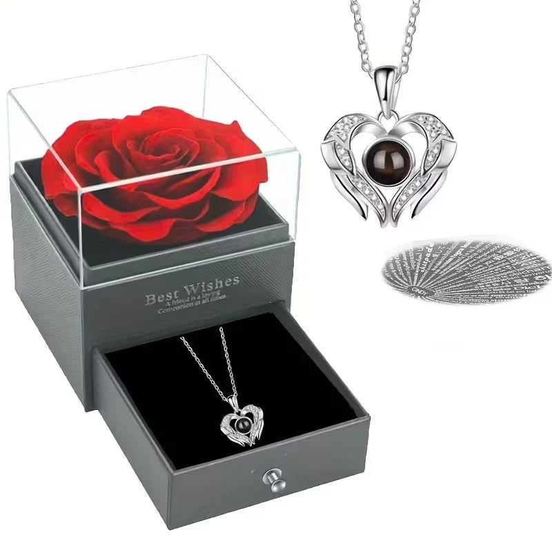 Preserved Red Rose with I Love You Necklace, for Women, Mom, Wife,Christmas Valentines Day Mothers Day Anniversary Birthday Gift