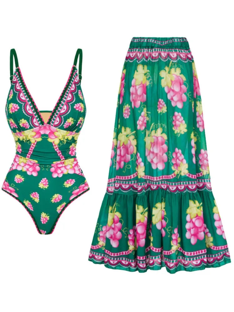 Retro Green Bikini Printed Fashion One Piece Swimsuit And Cover Up With Skirt Tight Women's Bandage Summer Beach Luxury Elegant