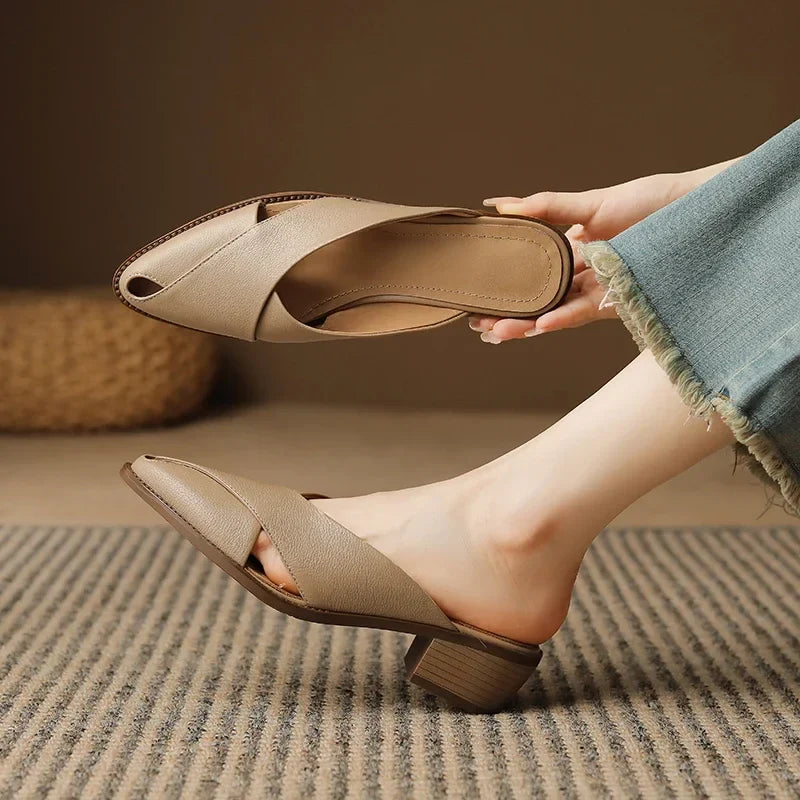 2024 Summer Slippers Women Genuine Leather Shoes for Women Pointed Toe Low Heel Mules Elegant Sandals Women Slides Ladies Shoes