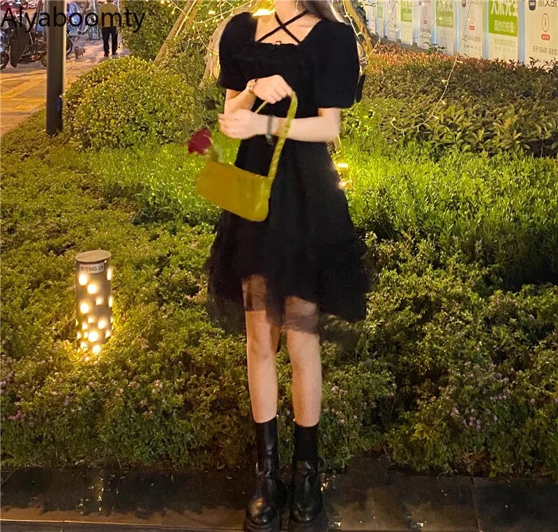 New Gothic Women Black Fairy Dress Cross Square Collar Lolita Princess Irregular Dress Cute Kawaii Lace Ruffles Chic Dress