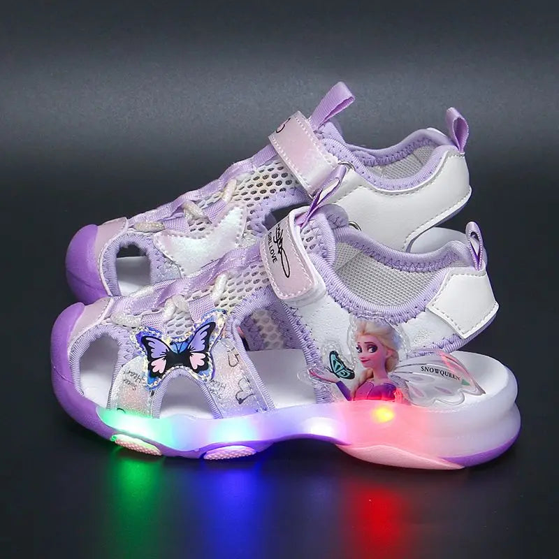 Disney Girls' Casual Shoes Baotou Sandals Led Light Summer Style Anti-skid Soft Soles Pink Purple Mesh Children Shoes Size 23-36