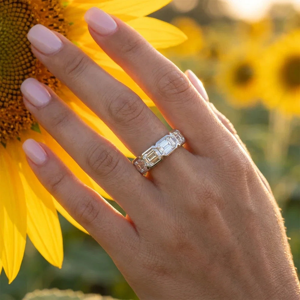KNOBSPIN 3x5mm Emerald Cut Moissanite Eternity Band Ring D VVS1 Lab Created Diamond S925 Sterling Silver Wedding Rings for Women