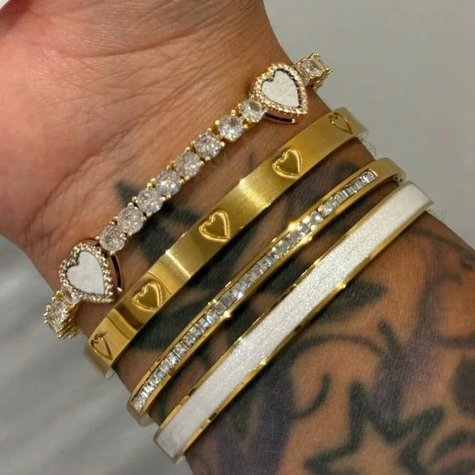 Yupsk 1/4pcs Golden Stainless Steel Stackable Bracelets Exquisite Heart Design Inlaid Zircon Bracelet Set Unisex Jewelry Gifts