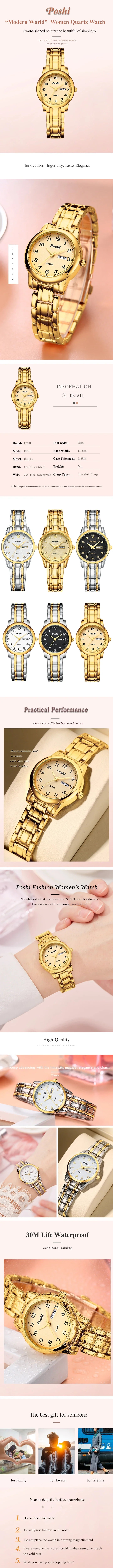 POSHI Quartz Watch for Women Fashion Ladies Bracelet Luxury Stainless Steel Strap Date Week Original Waterproof Women's Watches
