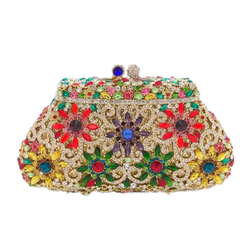 Boutique De FGG (in stock) Flower Crown Clutch Silver Crystal Evening Handbag Women Party Prom Bag Bridal Clutches Wedding Purse