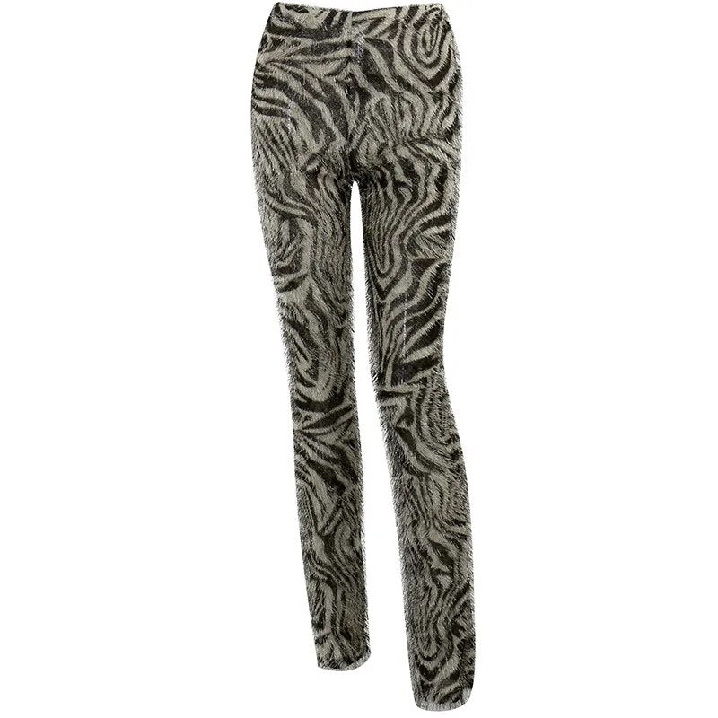 BOOFEENAA Zebra Striped Knitted Furry High Waist Pants for Women Bottoms Streetwear Fall Winter Fashion Sexy Trousers C66-CC17
