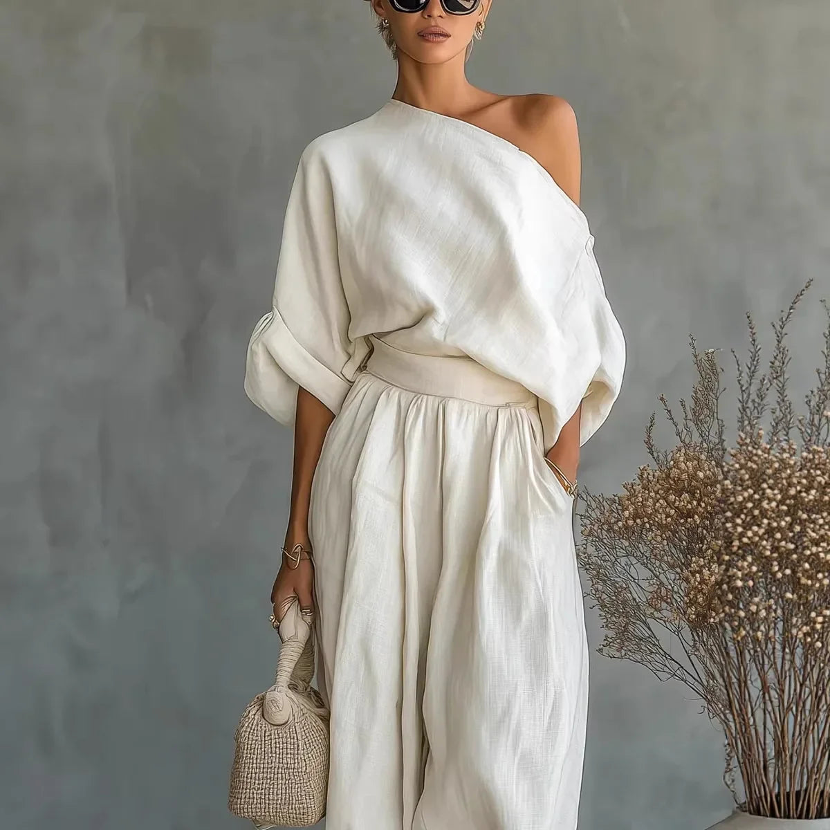 2026 One Shoulder Linen 2 Piece Set Women Roll Up Sleeve Waist Belt High Waist Lantern Pants White Breathable Casual Daily Beach