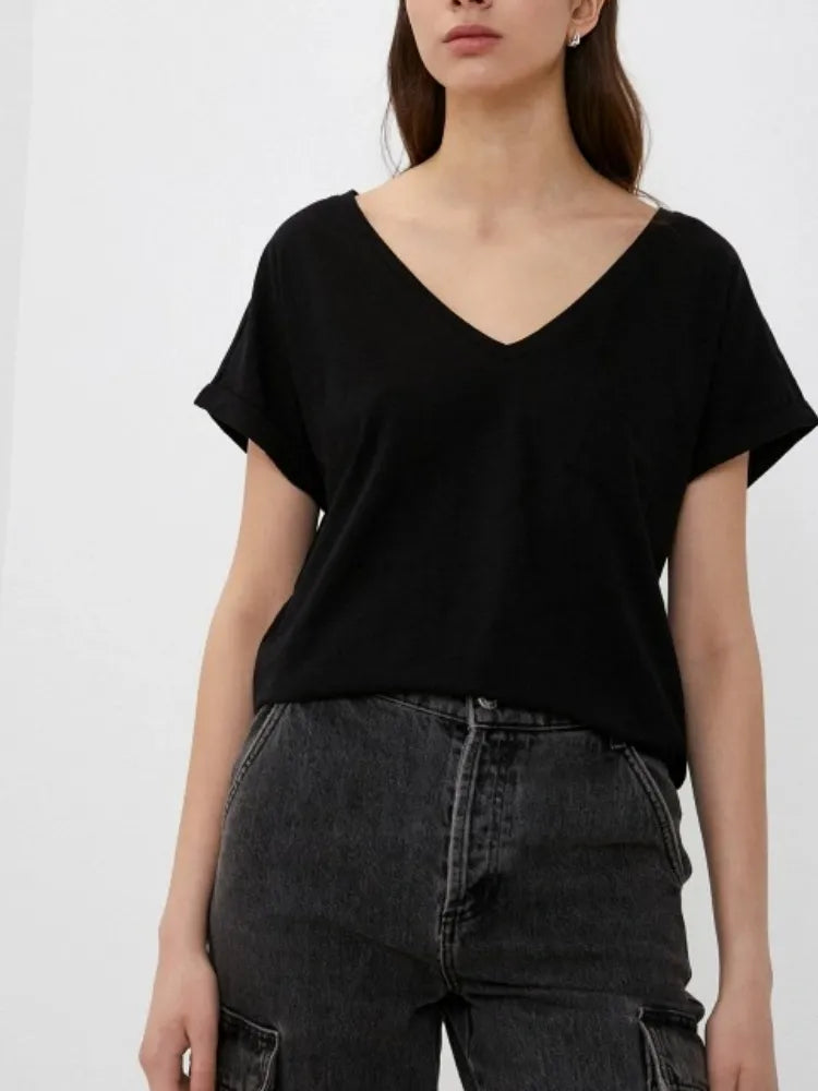 Solid Women's T-shirt Summer V-neck Short Sleeves Y2k Clothes Minimalist T Gradient Tops Tees  Oversize T-shirts Woman Clothing