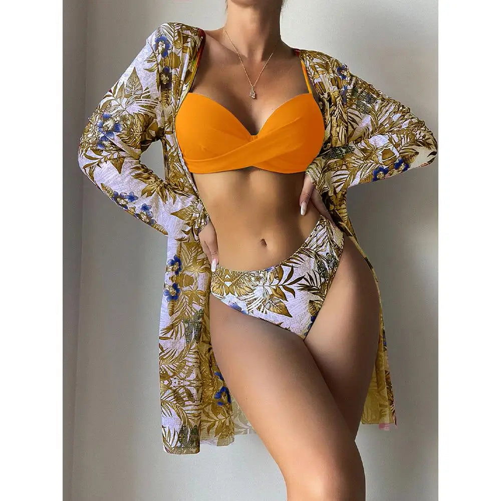 Three Pieces Bikini Set Cover Up Women New Push Up Twist Swimsuit Print Long Sleeve Swimwear Biquini Bathing Suit Summer