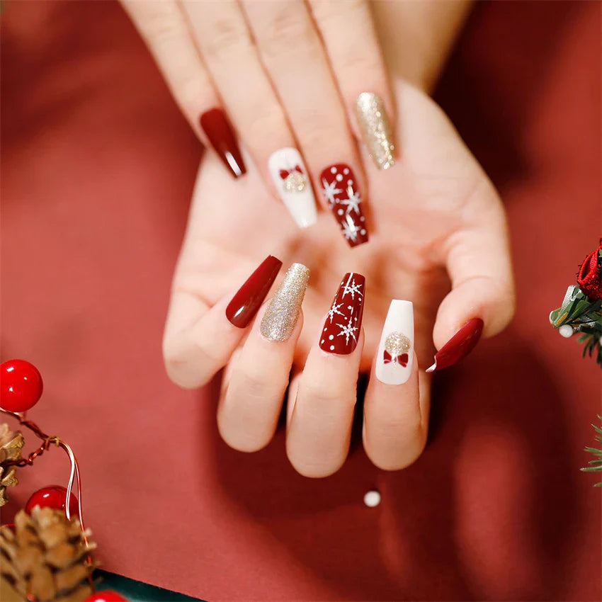 24Pcs/Set American Almond Christmas Wearing False Nails Full Coverage Press on Nails Removable Adhesive Acrylic Fake Nails Tips