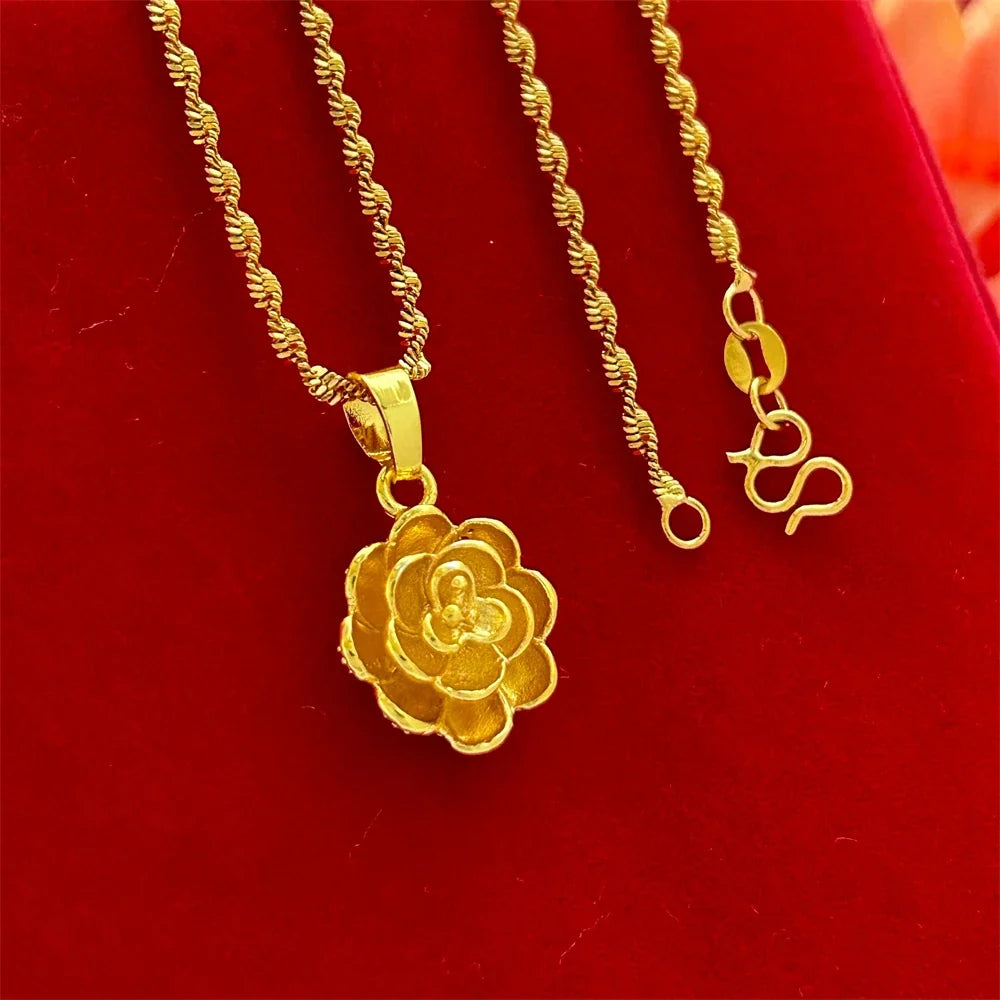 24K Gold Color Flower Pendant Necklaces for Women 18 Inch Water Wave