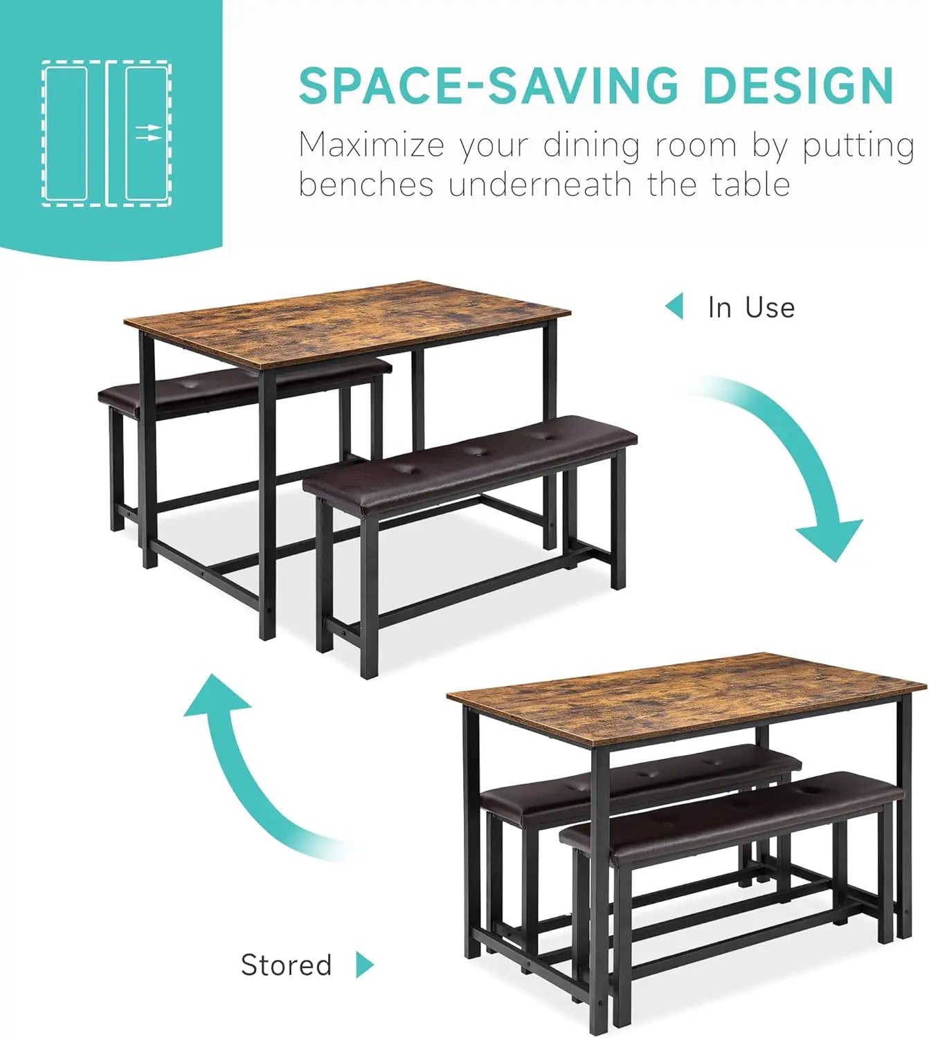 Brown Dining Table Set for 4 Upholstered Benches, 3pcs/set