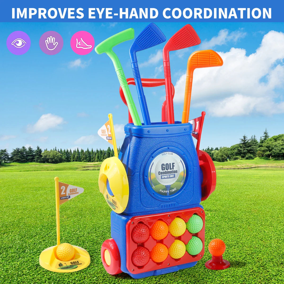 Upgraded Kids Golf Cart Toy with Golf Clubs,Balls,and Mat,Indoor&Outdoor Golf Toy,for Boy&Girls,Halloween/Christmas/Thanksgiving