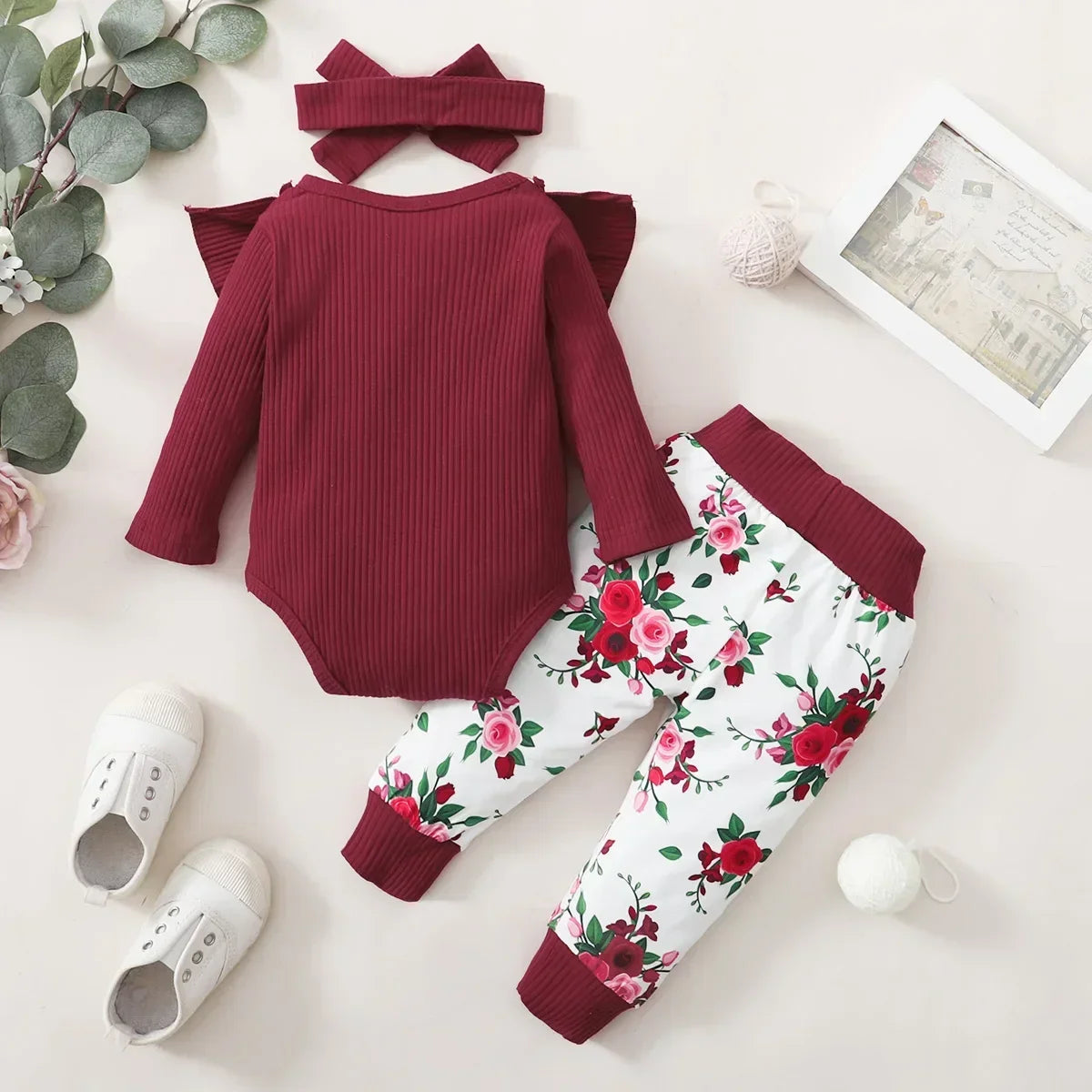 3Pcs Newborn Girl Clothes Ruffle Button Romper + Floral Print Pants Baby Girl Clothes Set Infant Kids Clothing Fall Baby Outfits