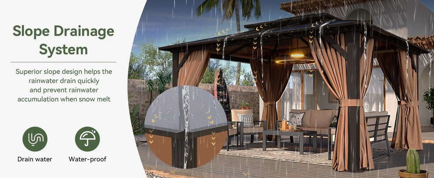 12'x14' Hardtop Gazebo, Aluminum Frame Permanent Pavilion with Curtains and Netting, Designed for Garden, Brown