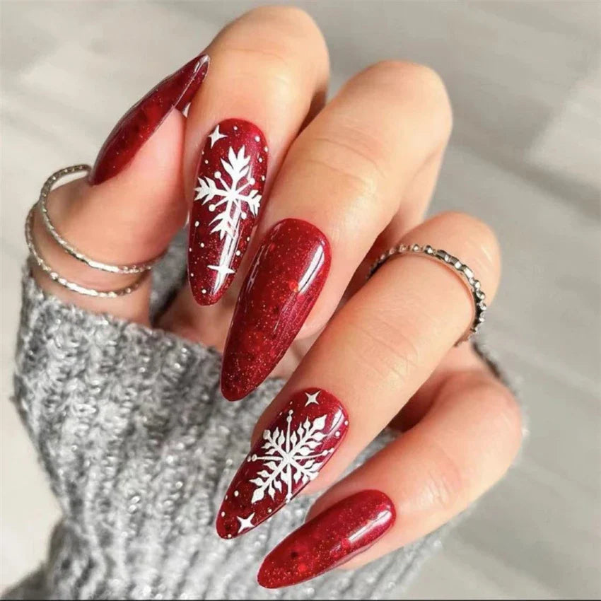 24Pcs/Set American Almond Christmas Wearing False Nails Full Coverage Press on Nails Removable Adhesive Acrylic Fake Nails Tips
