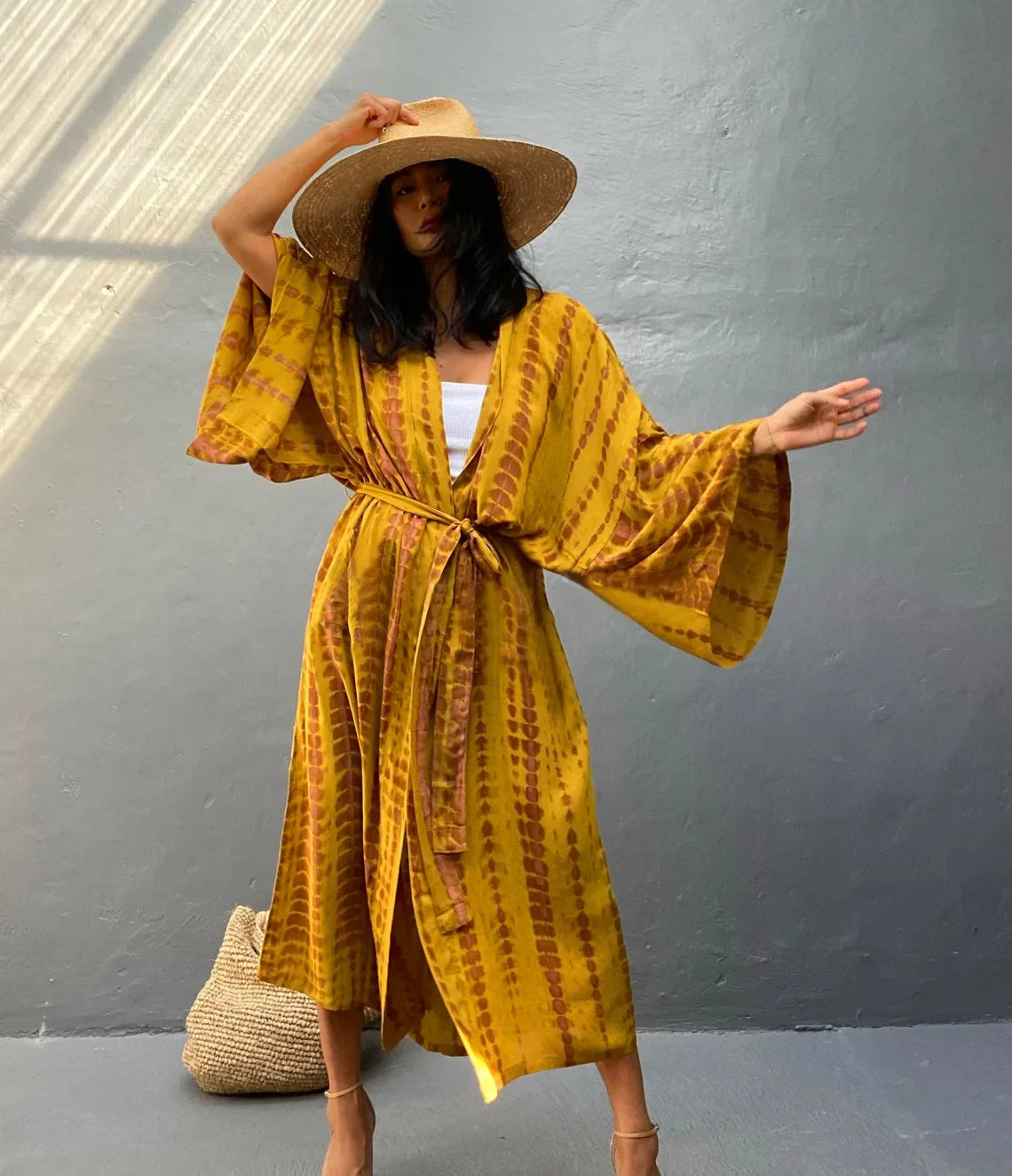 2023 Women's Boho Stripe Tie Dye Swimsuit Cover Up with Belt Tunic Sarong Cardigan Dress Bikini Cover-ups Beach Wear Kimono