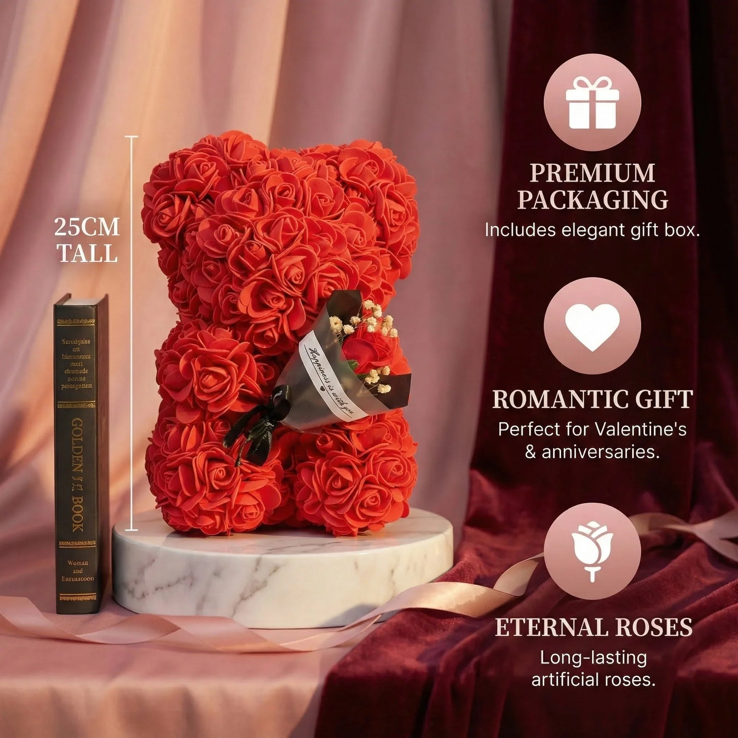 1pc 25cm Rose Bear with Flower Bouquet Artificial Foam Flowers Bear Romantic Creative Gifts for Valentines Day Anniversary Gift