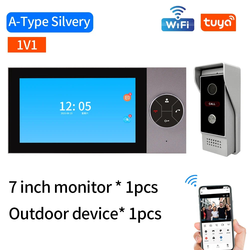 Wifi Wired Smart Home Video Door Intercom System 7" Color Screen Monitor AHD 1080P Doorbell Tuya App Remote Unlock