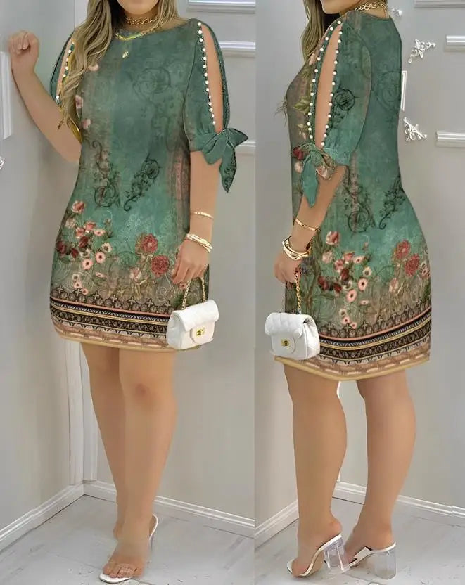 Women Dress Floral Tribal Print Split Sleeves Pearls Decor Mini Dress Spring 2024 Latest Chic Boat Neck Half Sleeves Short Skirt