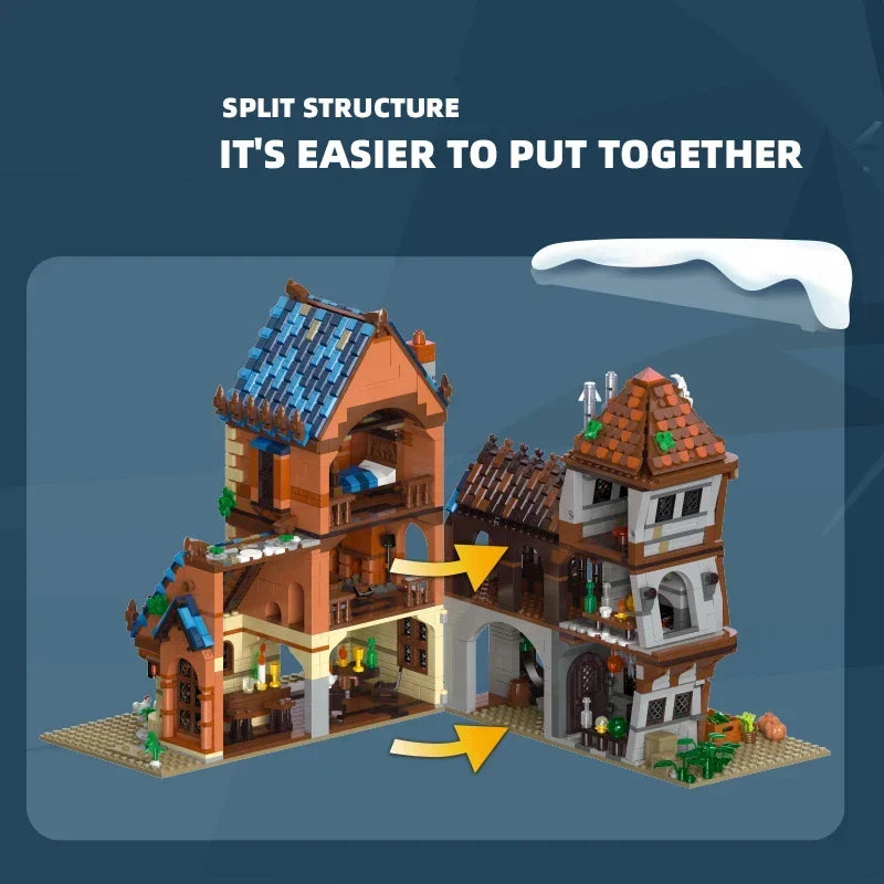 2843PCS Medieval Tavern Building Block Creative City Street View MOC Model Bricks Creative Desktop Ornaments Toys Gifts For Kids