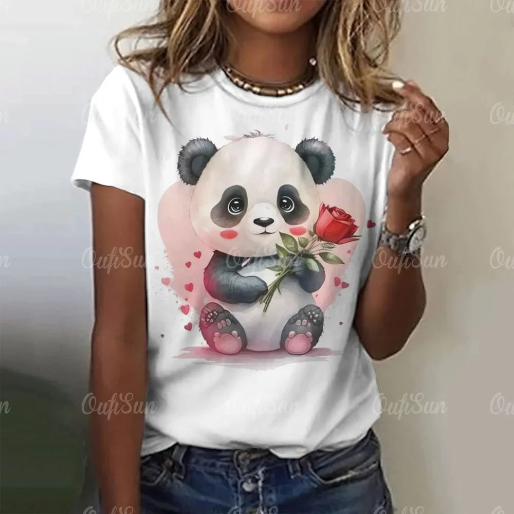 Cartoon Panda Pattern Women's T-Shirt O Neck Short Sleeve Tees Loose Pullover Summer For Ladies Female Fashion Streetwear Tops